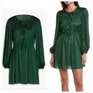 NWT Maje Women's Green Long Sleeve Shirred satin mini dress size 36